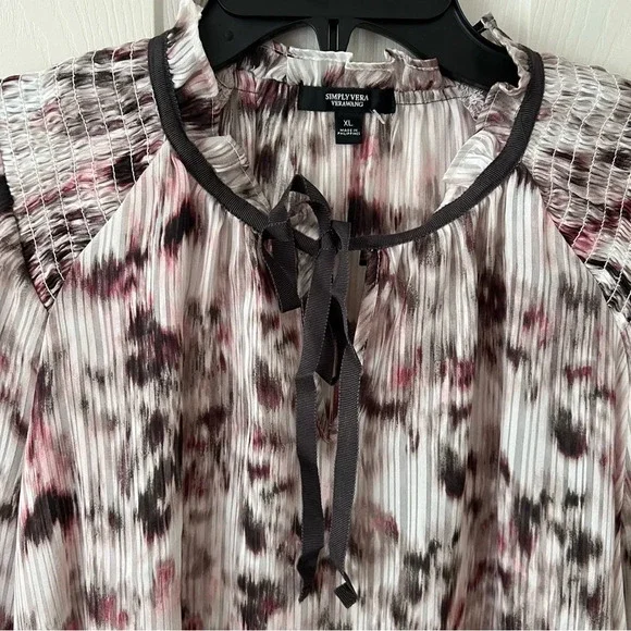 SIMPLYVERA Vera Wang Smocked Watercolor Chiffon Long Sleeves Tie Front Blouse XL - Picture 7 of 15